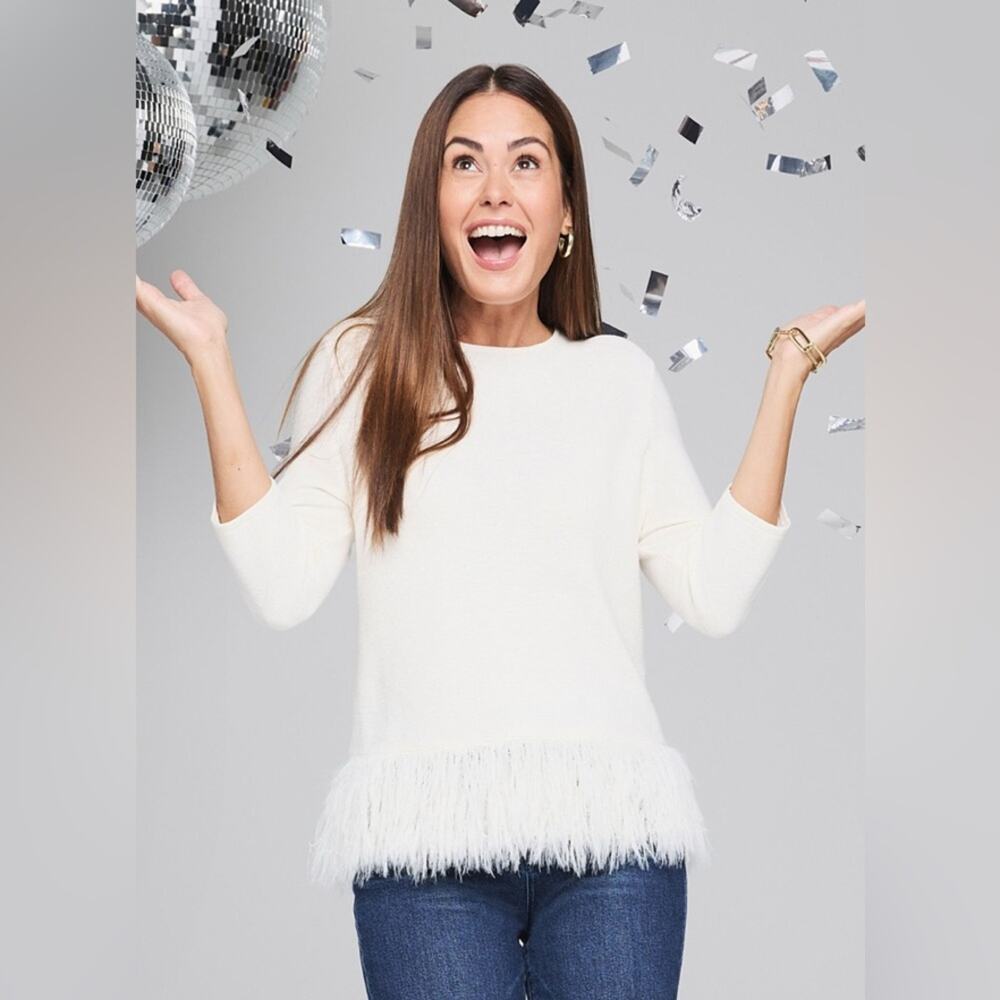 NIC+ZOE $168 feather fringe sweater Classic Cream Size M